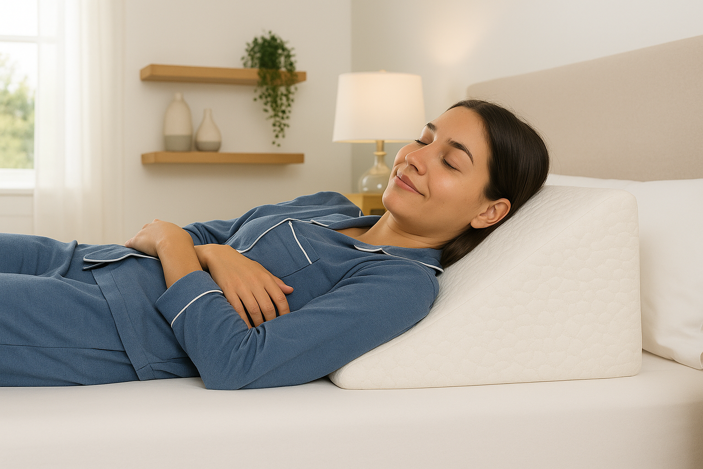Image of the Loving Sleep Foam Wedge Pillow with a woman resting her head on it