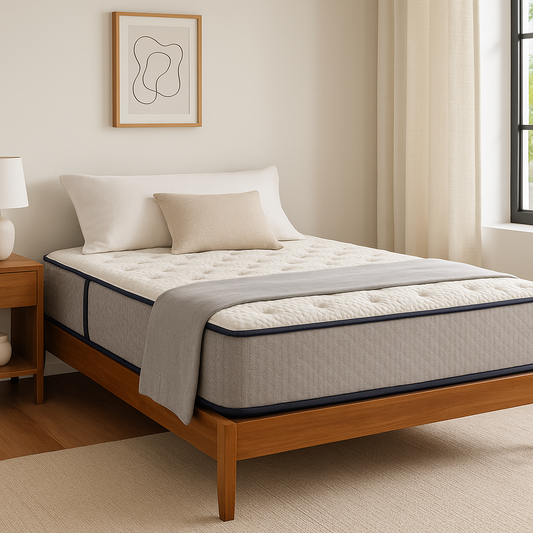 Image of the Loving Sleep Hybrid Coil Spinal Support Firm Mattress on a wooden bed frame in a bedroom setting