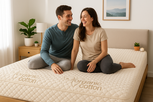 Image of Loving Sleep Kube Natural Mattress with a man and woman sitting on top