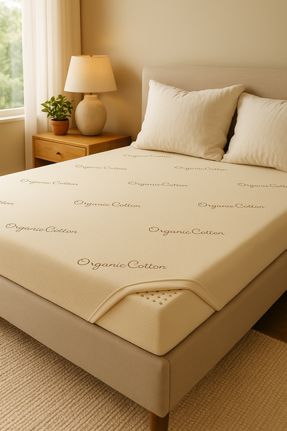 Loving Sleep latex topper displayed on bed