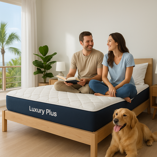 Image of the Loving Sleep Cool Gel Memory Foam Mattress with a man and woman sitting on top of it