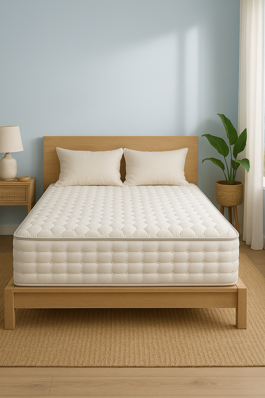 Image of the Loving Sleep Hybrid Coil Max Firm Mattress on top of a wooden bed frame in a bedroom setting