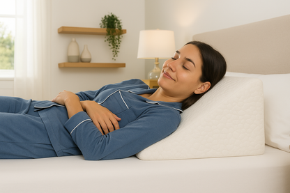 Image of the Loving Sleep Foam Wedge Pillow with a woman resting her head on it