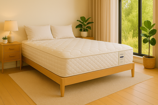 Image of the Loving Sleep Hybrid Coil Luxury Firm Mattress on a wooden bed frame