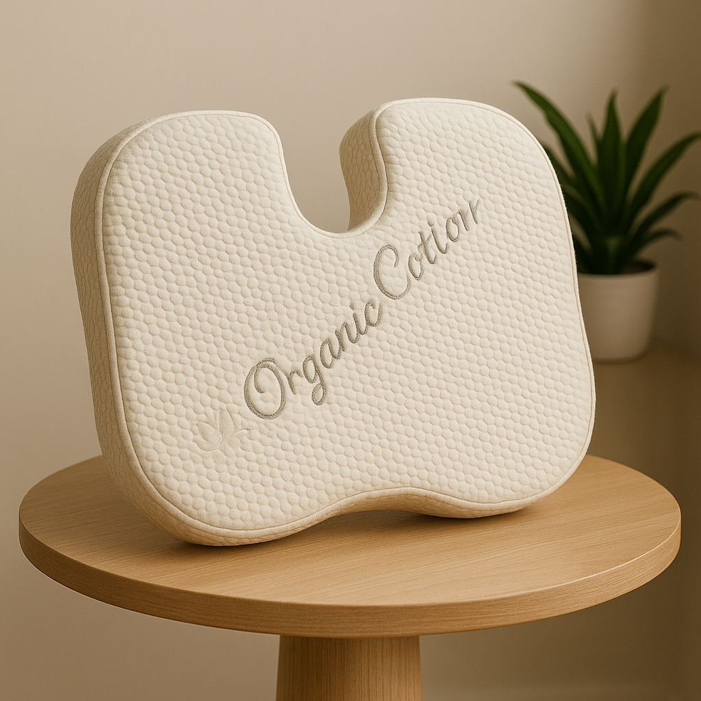 Image of the Loving Sleep Natural Latex Seat Cushion — 3 inches on top of a wooden stool