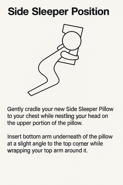 Instructions for using a side sleeper pillow with text and diagram on a white background