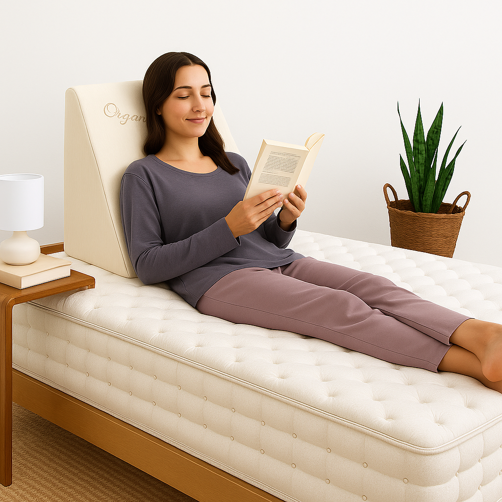 Image of the Loving Sleep Natural Latex Wedge Pillow with a woman sitting against it reading a book