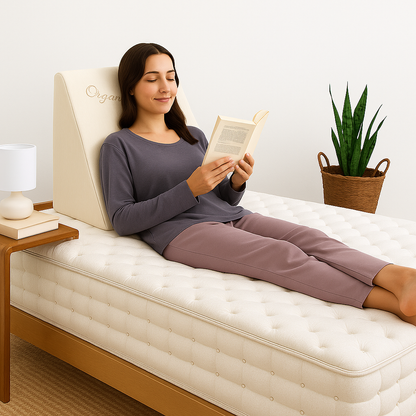 Image of the Loving Sleep Natural Latex Wedge Pillow with a woman sitting against it reading a book