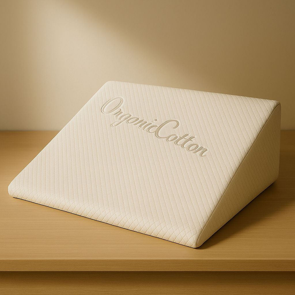 Image of the Loving Sleep Natural Latex Wedge Pillow on top of a wooden surface